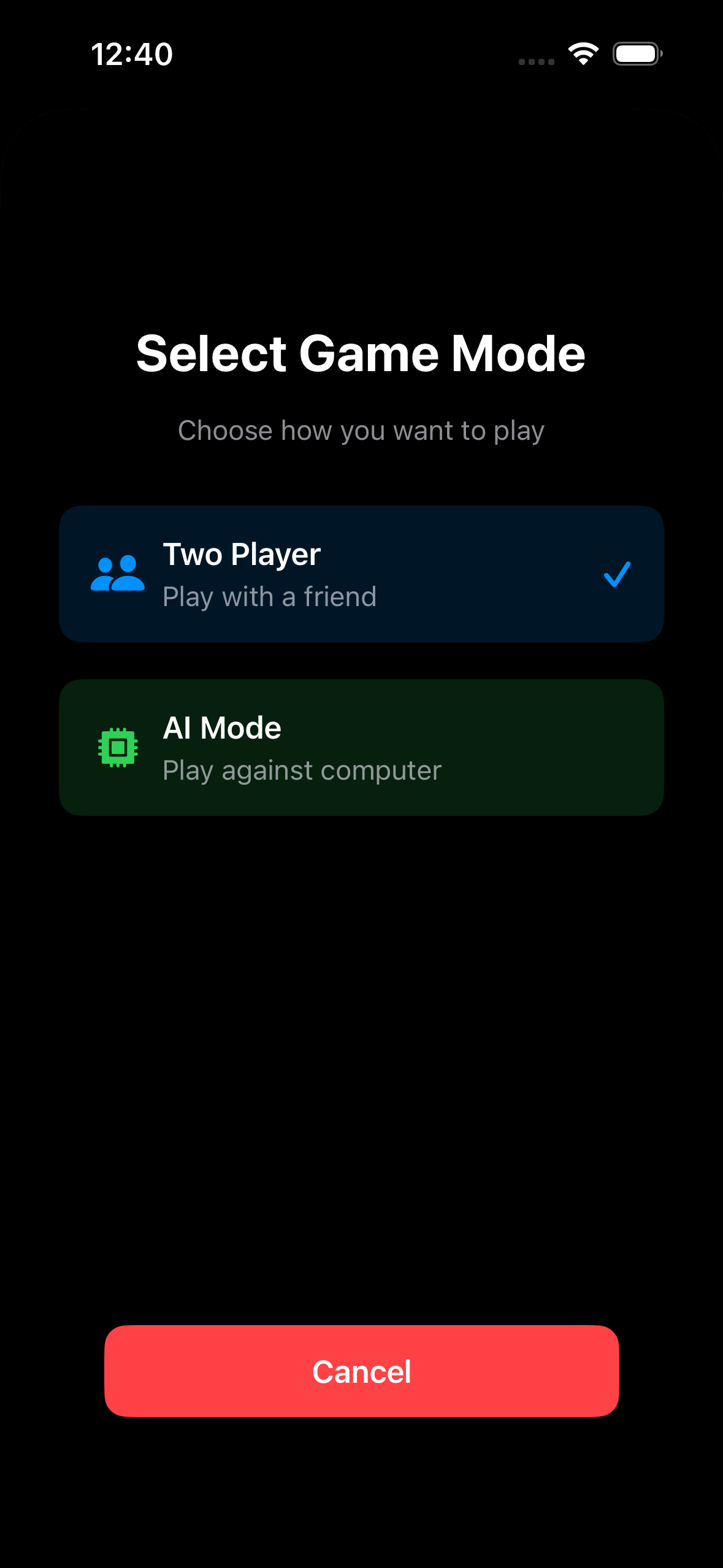 Game screenshot showing switch game mode menu