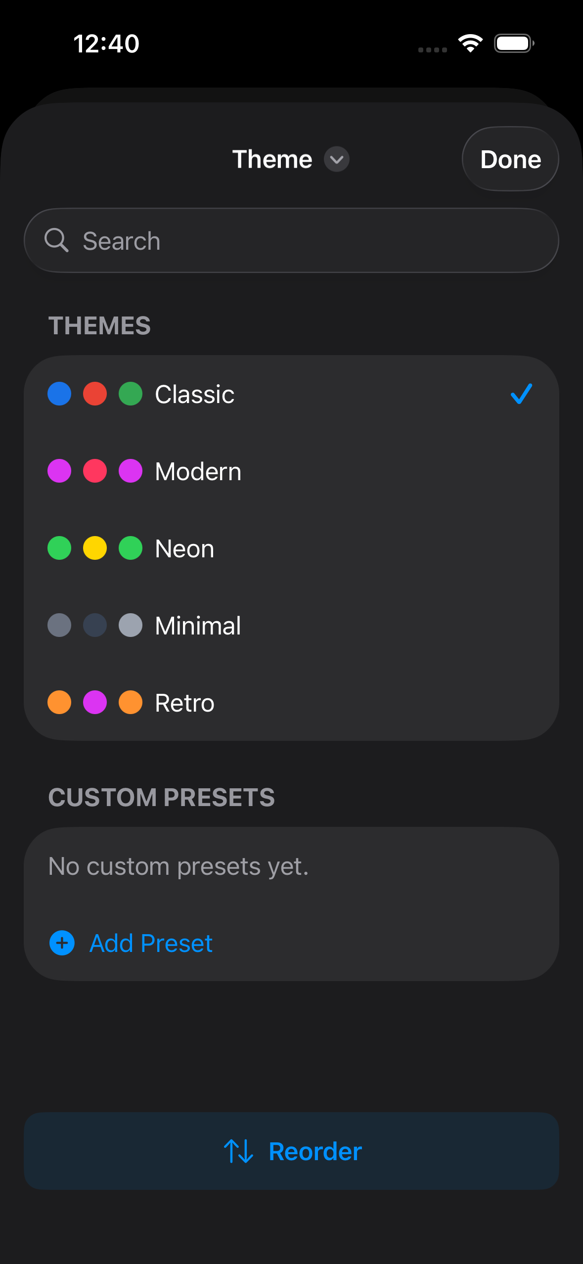 Game screenshot showing the themes modal